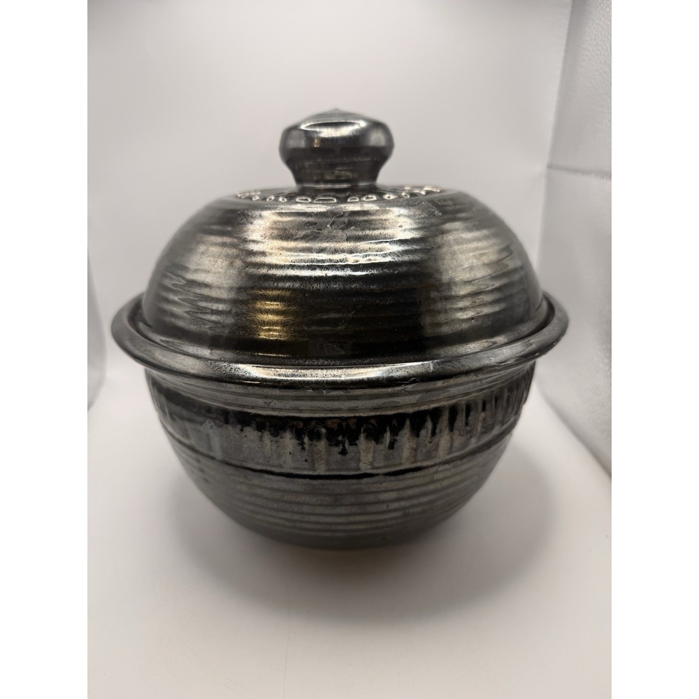 Handmade Studio Pottery Lidded Bowl  Black Silver Drip Glaze Rustic Stoneware